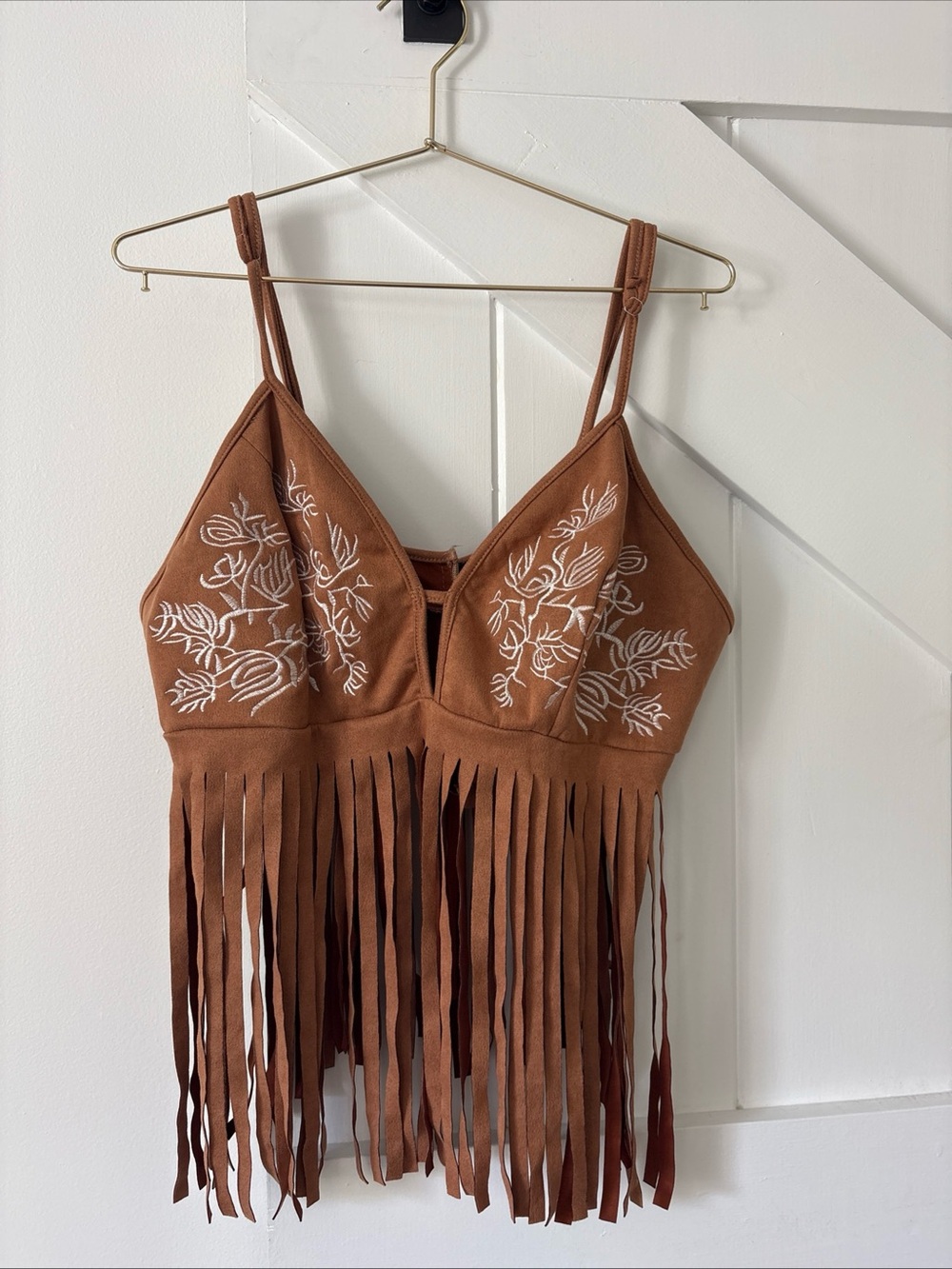 Shein Curve Faux Suede Brown Fringe Festival Boho Hippie Top 3XL Adjustable